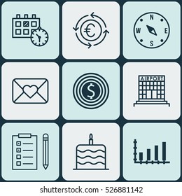 Set Of 9 Universal Editable Icons. Can Be Used For Web, Mobile And App Design. Includes Elements Such As Locate, Celebration Letter, Business Goal And More.