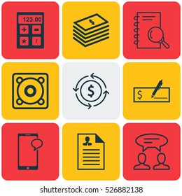 Set Of 9 Universal Editable Icons. Can Be Used For Web, Mobile And App Design. Includes Elements Such As Dollar Salary, Messaging, Curriculum Vitae And More.