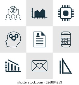 Set von 9 universell verwendbaren Symbolen. Kann für Web-, Mobil- und App-Design verwendet werden. Enthält Elemente wie Berechnung, kollaborative Lösung, Feierabationsbrief und mehr.