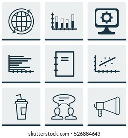 Set Of 9 Universal Editable Icons. Can Be Used For Web, Mobile And App Design. Includes Elements Such As Analytics, World, Segmented Bar Graph And More.