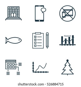 Set Of 9 Universal Editable Icons. Can Be Used For Web, Mobile And App Design. Includes Elements Such As Decorated Tree, Airport Construction, Forbidden Mobile And More.