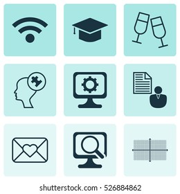 Set Of 9 Universal Editable Icons. Can Be Used For Web, Mobile And App Design. Includes Elements Such As Celebration Letter, PC, Human Mind And More.