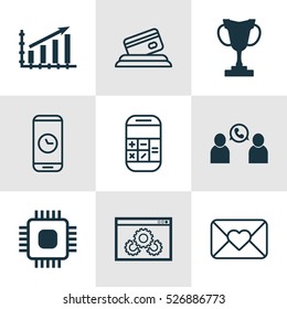 Set Of 9 Universal Editable Icons. Can Be Used For Web, Mobile And App Design. Includes Elements Such As Calculation, Credit Card, Celebration Letter And More.