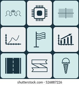 Set Of 9 Universal Editable Icons. Can Be Used For Web, Mobile And App Design. Includes Elements Such As Profit Graph, Blank Ribbon, Pin And More.