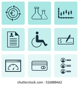 Set Of 9 Universal Editable Icons. Can Be Used For Web, Mobile And App Design. Includes Elements Such As Curriculum Vitae, Bank Payment, Chemical And More.