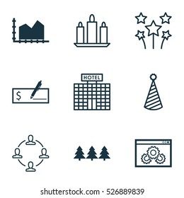 Set Of 9 Universal Editable Icons. Can Be Used For Web, Mobile And App Design. Includes Elements Such As Hotel Construction, Birthday Hat, Festive Fireworks And More.