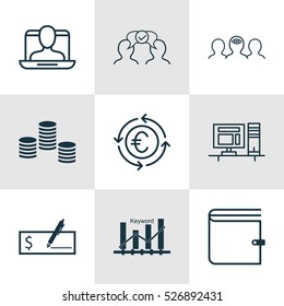 Set Of 9 Universal Editable Icons. Can Be Used For Web, Mobile And App Design. Includes Elements Such As Computer, Cooperation, Money And More.
