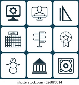 Set Of 9 Universal Editable Icons. Can Be Used For Web, Mobile And App Design. Includes Elements Such As Hotel Construction, Present Badge, Online Identity And More.
