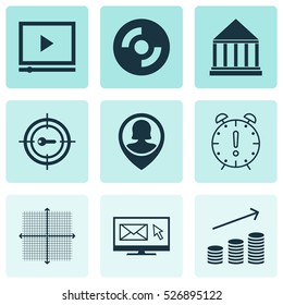 Set Of 9 Universal Editable Icons. Can Be Used For Web, Mobile And App Design. Includes Elements Such As Keyword Marketing, Blank Cd, Graphical Grid And More.