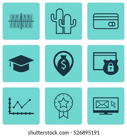 Set Of 9 Universal Editable Icons. Can Be Used For Web, Mobile And App Design. Includes Elements Such As Graduation, Cacti, Changes Graph And More.