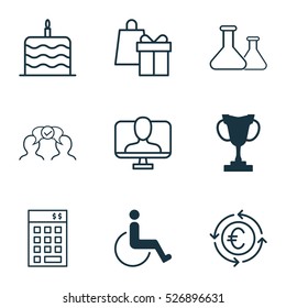 Set Of 9 Universal Editable Icons. Can Be Used For Web, Mobile And App Design. Includes Elements Such As Celebration Cake, Tournament, Chemical And More.