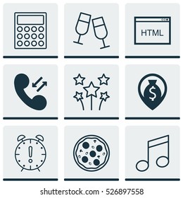 Set Of 9 Universal Editable Icons. Can Be Used For Web, Mobile And App Design. Includes Elements Such As Festive Fireworks, Champagne Glasses, Coding And More.