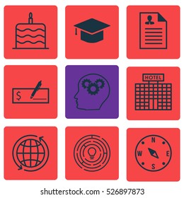 Set Of 9 Universal Editable Icons. Can Be Used For Web, Mobile And App Design. Includes Elements Such As Celebration Cake, Bank Payment, Curriculum Vitae And More.