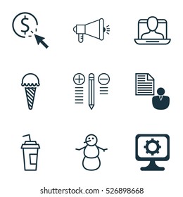 Set Of 9 Universal Editable Icons. Can Be Used For Web, Mobile And App Design. Includes Elements Such As Decision Making, Media Campaign, Social Profile And More.