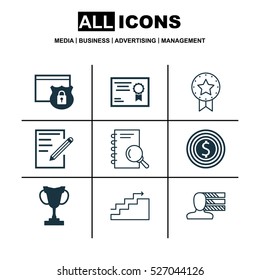 Set Of 9 Universal Editable Icons. Can Be Used For Web, Mobile And App Design. Includes Elements Such As Growth, Certificate, Present Badge And More.