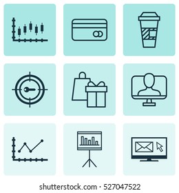 Set Of 9 Universal Editable Icons. Can Be Used For Web, Mobile And App Design. Includes Elements Such As Stock Market, Online Identity, Shopping And More.