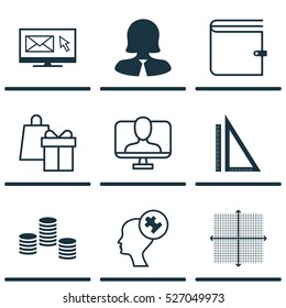 Set Of 9 Universal Editable Icons. Can Be Used For Web, Mobile And App Design. Includes Elements Such As Human Mind, Wallet, Graphical Grid And More.