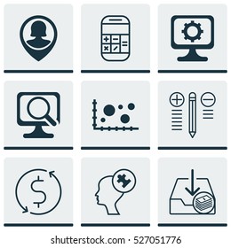 Set Of 9 Universal Editable Icons. Can Be Used For Web, Mobile And App Design. Includes Elements Such As Calculation, Paid Download, Human Mind And More.