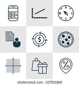 Set Of 9 Universal Editable Icons. Can Be Used For Web, Mobile And App Design. Includes Elements Such As Discount Location, Graphical Grid, Calculation And More.