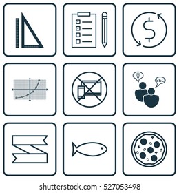 Set Of 9 Universal Editable Icons. Can Be Used For Web, Mobile And App Design. Includes Elements Such As Forbidden Mobile, Pizza Meal, Measurement And More.
