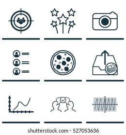Set Of 9 Universal Editable Icons. Can Be Used For Web, Mobile And App Design. Includes Elements Such As Festive Fireworks, Achievement Graph, Street And More.