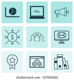 Set Of 9 Universal Editable Icons. Can Be Used For Web, Mobile And App Design. Includes Elements Such As Money, Email, Circle Graph And More.
