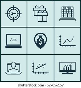 Set Of 9 Universal Editable Icons. Can Be Used For Web, Mobile And App Design. Includes Elements Such As Airport Construction, Analytics, Money Navigation And More.
