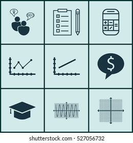 Set Of 9 Universal Editable Icons. Can Be Used For Web, Mobile And App Design. Includes Elements Such As Calculation, Sinus Graph, Line Graph And More.