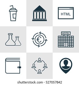 Set Of 9 Universal Editable Icons. Can Be Used For Web, Mobile And App Design. Includes Elements Such As Education Center, Wallet, Hotel Construction And More.