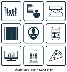 Set Of 9 Universal Editable Icons. Can Be Used For Web, Mobile And App Design. Includes Elements Such As Blank Ribbon, Market Research, Photo Camera And More.