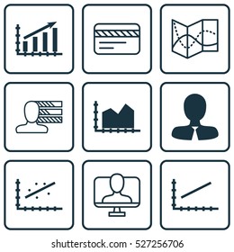 Set Of 9 Universal Editable Icons. Can Be Used For Web, Mobile And App Design. Includes Elements Such As Profit Graph, Line Graph, Road Map And More.