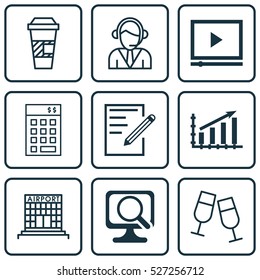 Set Of 9 Universal Editable Icons. Can Be Used For Web, Mobile And App Design. Includes Elements Such As Investment, Video Player, Takeaway Coffee And More.