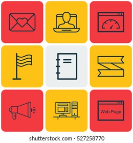 Set Of 9 Universal Editable Icons. Can Be Used For Web, Mobile And App Design. Includes Elements Such As Computer, Website, Blank Ribbon And More.