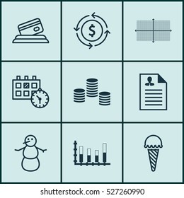 Set Of 9 Universal Editable Icons. Can Be Used For Web, Mobile And App Design. Includes Elements Such As Money, Square Diagram, Segmented Bar Graph And More.