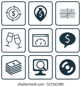 Set Of 9 Universal Editable Icons. Can Be Used For Web, Mobile And App Design. Includes Elements Such As Laptop, Money Navigation, Champagne Glasses And More.
