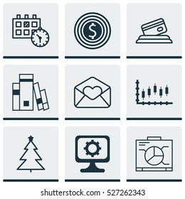 Set Of 9 Universal Editable Icons. Can Be Used For Web, Mobile And App Design. Includes Elements Such As Decorated Tree, PC, Library And More.