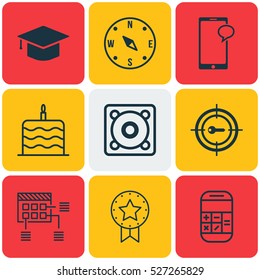 Set Of 9 Universal Editable Icons. Can Be Used For Web, Mobile And App Design. Includes Elements Such As Locate, Graduation, Present Badge And More.