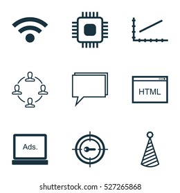 Set Of 9 Universal Editable Icons. Can Be Used For Web, Mobile And App Design. Includes Elements Such As Chip, Wireless, Conference And More.