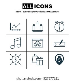 Set Of 9 Universal Editable Icons. Can Be Used For Web, Mobile And App Design. Includes Elements Such As Changes Graph, Website Performance, Money And More.