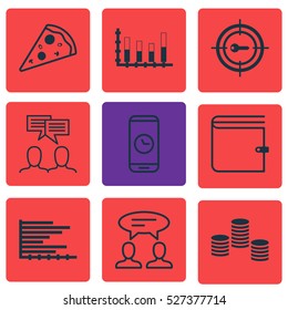 Set Of 9 Universal Editable Icons. Can Be Used For Web, Mobile And App Design. Includes Elements Such As Sliced Pizza, Bars Chart, Wallet And More.