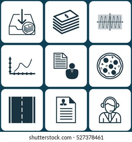 Set Of 9 Universal Editable Icons. Can Be Used For Web, Mobile And App Design. Includes Elements Such As Achievement Graph, Operator, Curriculum Vitae And More.