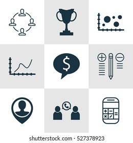 Set Of 9 Universal Editable Icons. Can Be Used For Web, Mobile And App Design. Includes Elements Such As Business Deal, Phone Conference, Calculation And More.