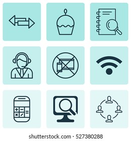 Set Of 9 Universal Editable Icons. Can Be Used For Web, Mobile And App Design. Includes Elements Such As Laptop, Forbidden Mobile, Calculation And More.