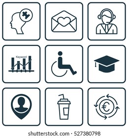 Set Of 9 Universal Editable Icons. Can Be Used For Web, Mobile And App Design. Includes Elements Such As Drink Cup, Graduation, Employee Location And More.