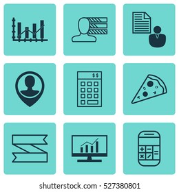 Set Of 9 Universal Editable Icons. Can Be Used For Web, Mobile And App Design. Includes Elements Such As Market Research, Report, Employee Location And More.