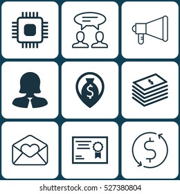 Set Of 9 Universal Editable Icons. Can Be Used For Web, Mobile And App Design. Includes Elements Such As Certificate, Dollar Salary, Business Woman And More.