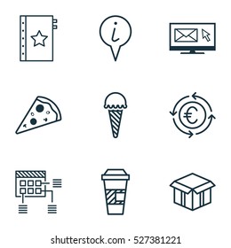 Set Of 9 Universal Editable Icons. Can Be Used For Web, Mobile And App Design. Includes Elements Such As Currency Recycle, Takeaway Coffee, Schedule And More.
