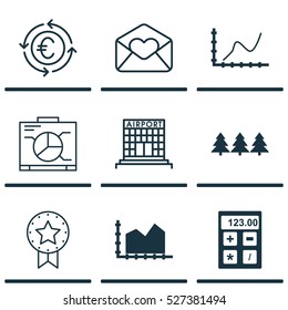 Set Of 9 Universal Editable Icons. Can Be Used For Web, Mobile And App Design. Includes Elements Such As Sequence Graphics, Achievement Graph, Board And More.