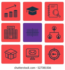 Set Of 9 Universal Editable Icons. Can Be Used For Web, Mobile And App Design. Includes Elements Such As Graduation, Hotel Construction, Sinus Graph And More.