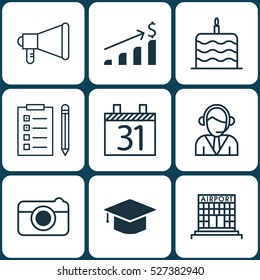 Set Of 9 Universal Editable Icons. Can Be Used For Web, Mobile And App Design. Includes Elements Such As Graduation, Airport Construction, Successful Investment And More.